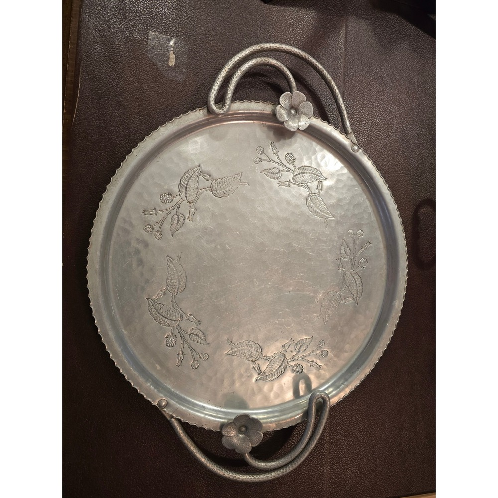Vintage Wrought Farberware Hammered Aluminum 16 inch Round Floral Serving Tray